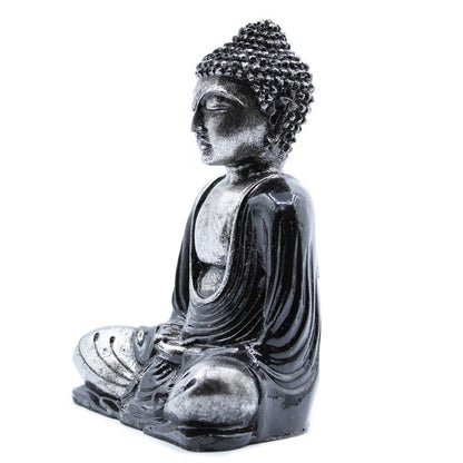 Alt Tag: Black & Grey Buddha Statue – Medium, black and grey seated Buddha figurine with textured hair and robe, side view