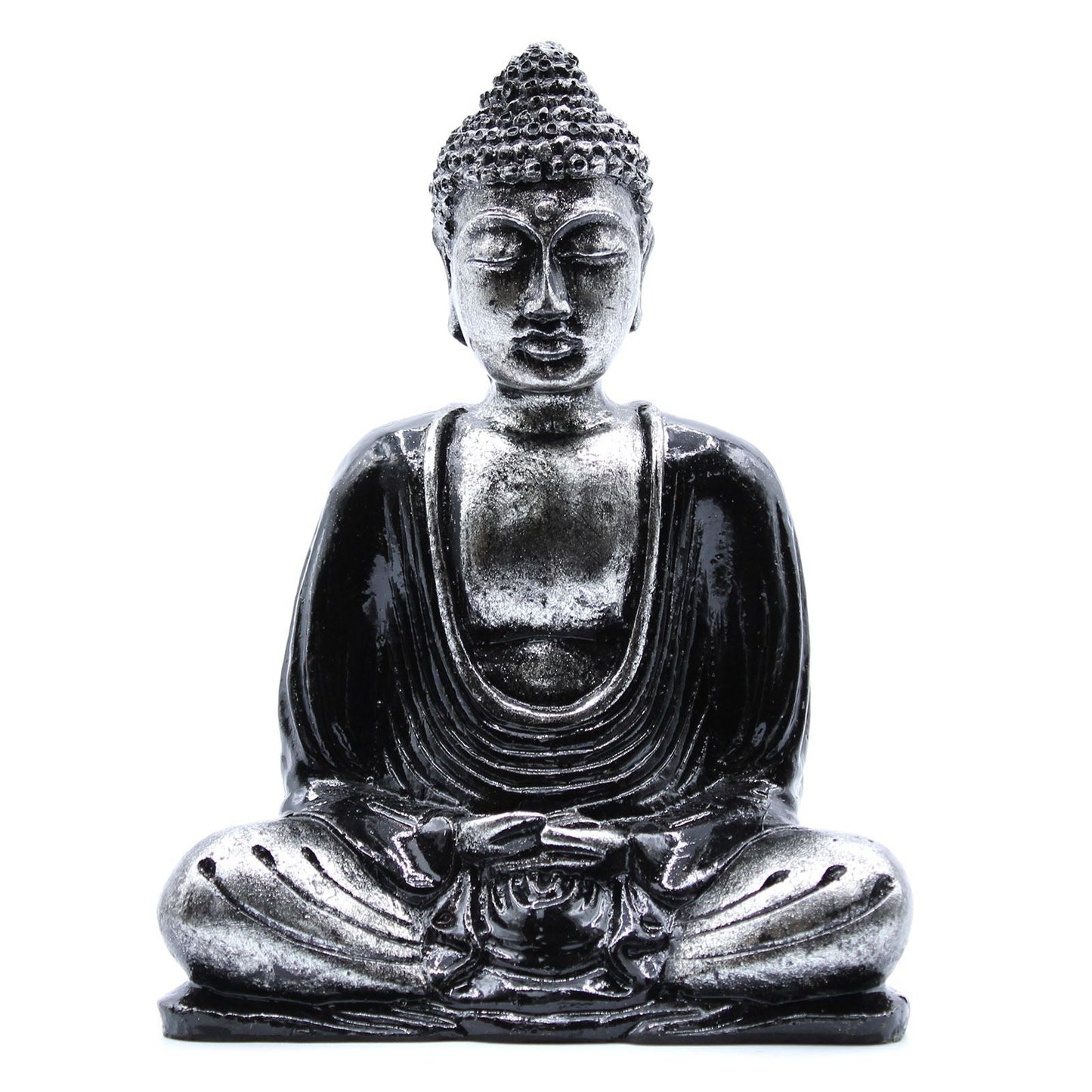 Alt Tag: Black & Grey Buddha Statue – Medium seated Buddha statue in black and grey finish, serene expression, front view