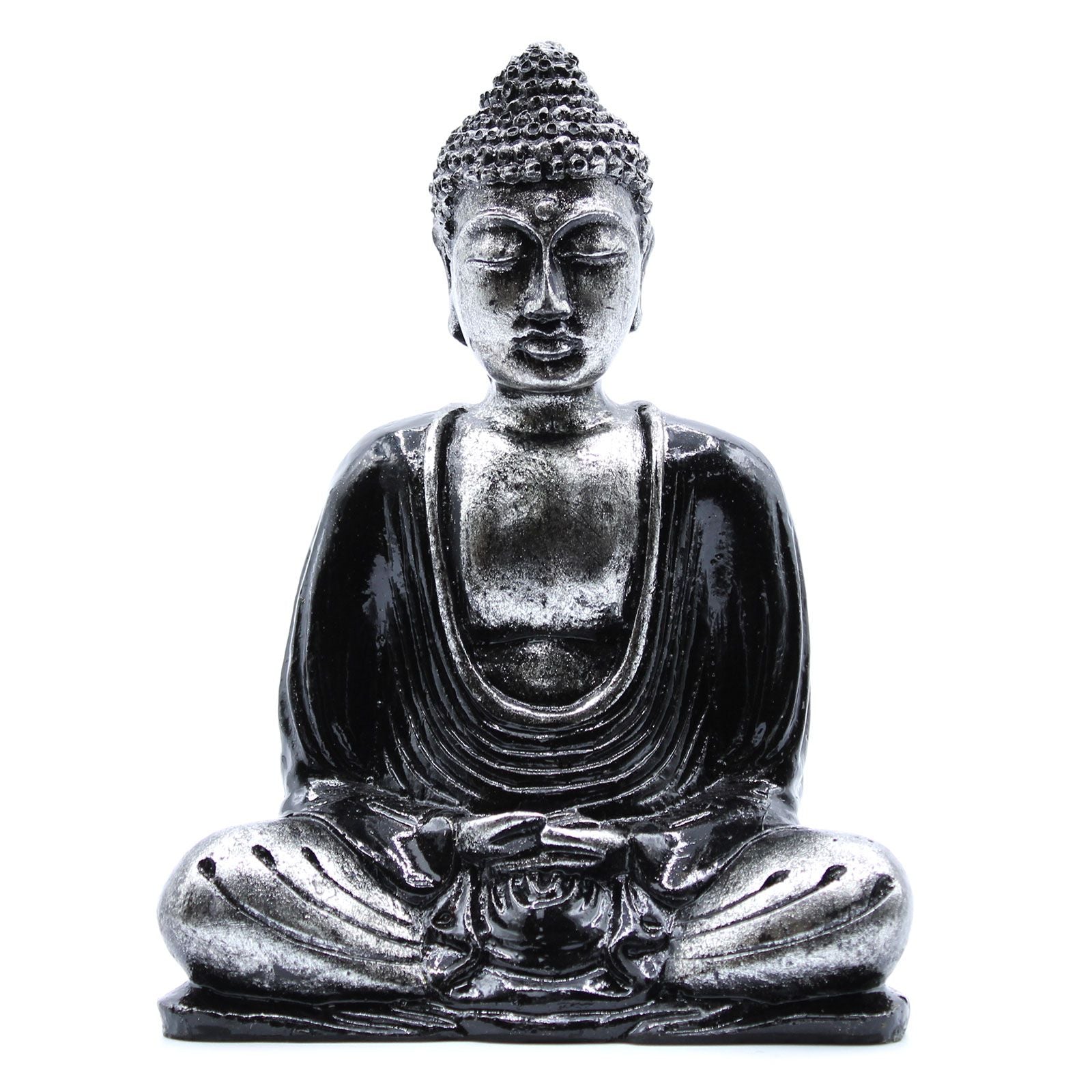 Alt Tag: Black & Grey Buddha Statue – Medium seated Buddha statue in black and grey finish, serene expression, front view