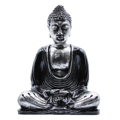 Alt Tag: Black & Grey Buddha Statue – Medium seated Buddha statue in black and grey finish, serene expression, front view