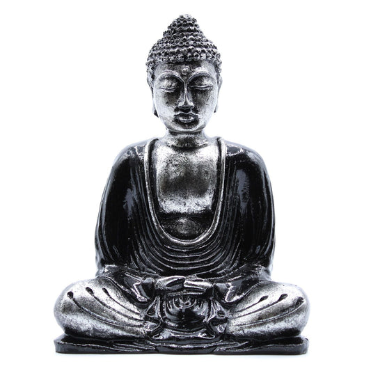 Alt Tag: Black & Grey Buddha Statue – Medium seated Buddha statue in black and grey finish, serene expression, front view