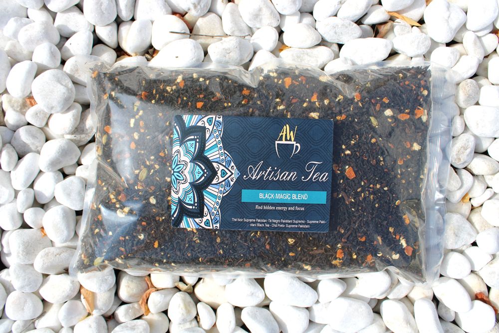 Alt Tag: Black Tea Artisan Blend – 1 KG artisan black tea Black Magic Blend with cinnamon and orange peel in sealed bag