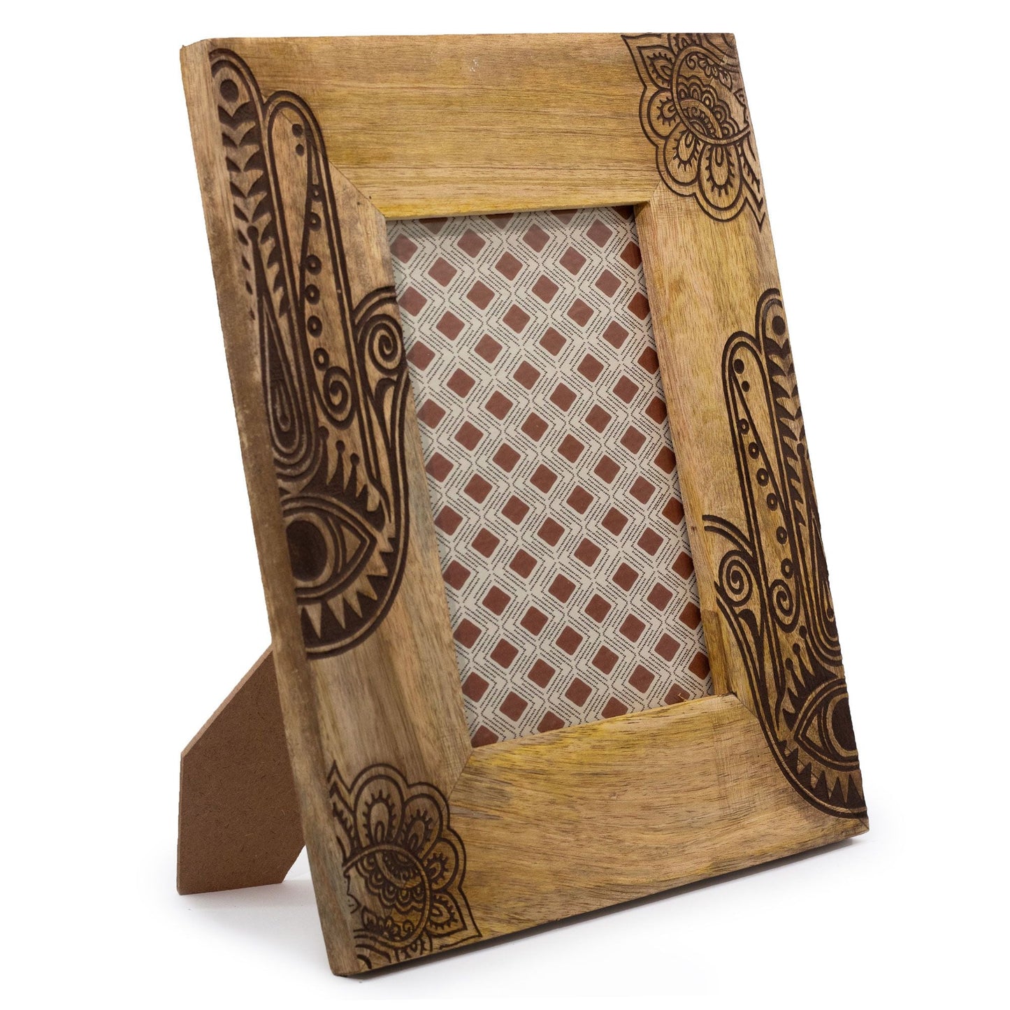 Black Mango Wood Picture Frame – 13x18 CM, marco de madera con grabado de manos y soporte trasero, vista en ángulo