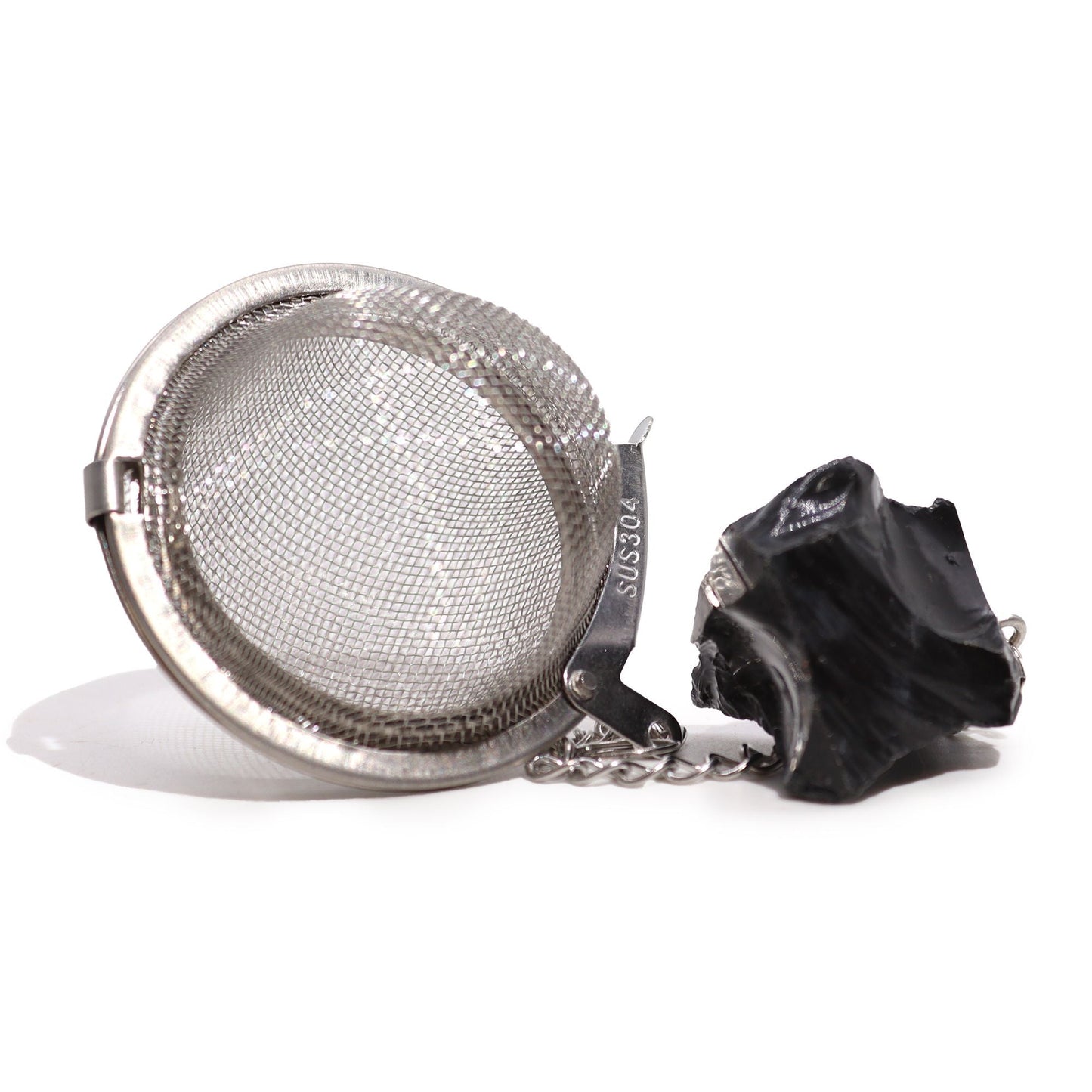 Alt Tag: Black Obsidian Crystal Tea Strainer – 7.5x5 CM stainless steel mesh tea infuser with black obsidian crystal charm on chain