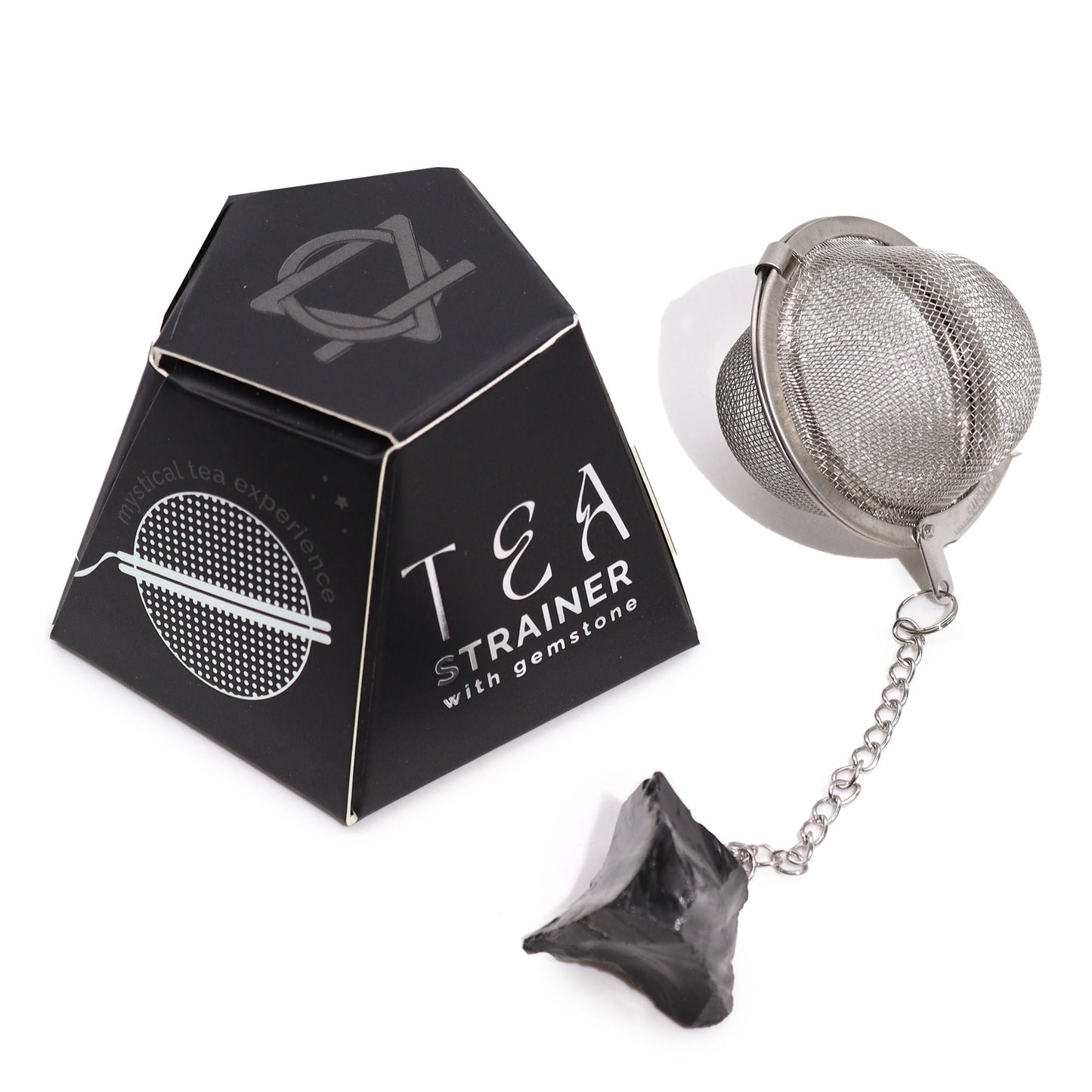 Alt Tag: Black Obsidian Crystal Tea Strainer – 7.5x5 CM metal mesh tea infuser ball with chain and black obsidian crystal charm, gift box