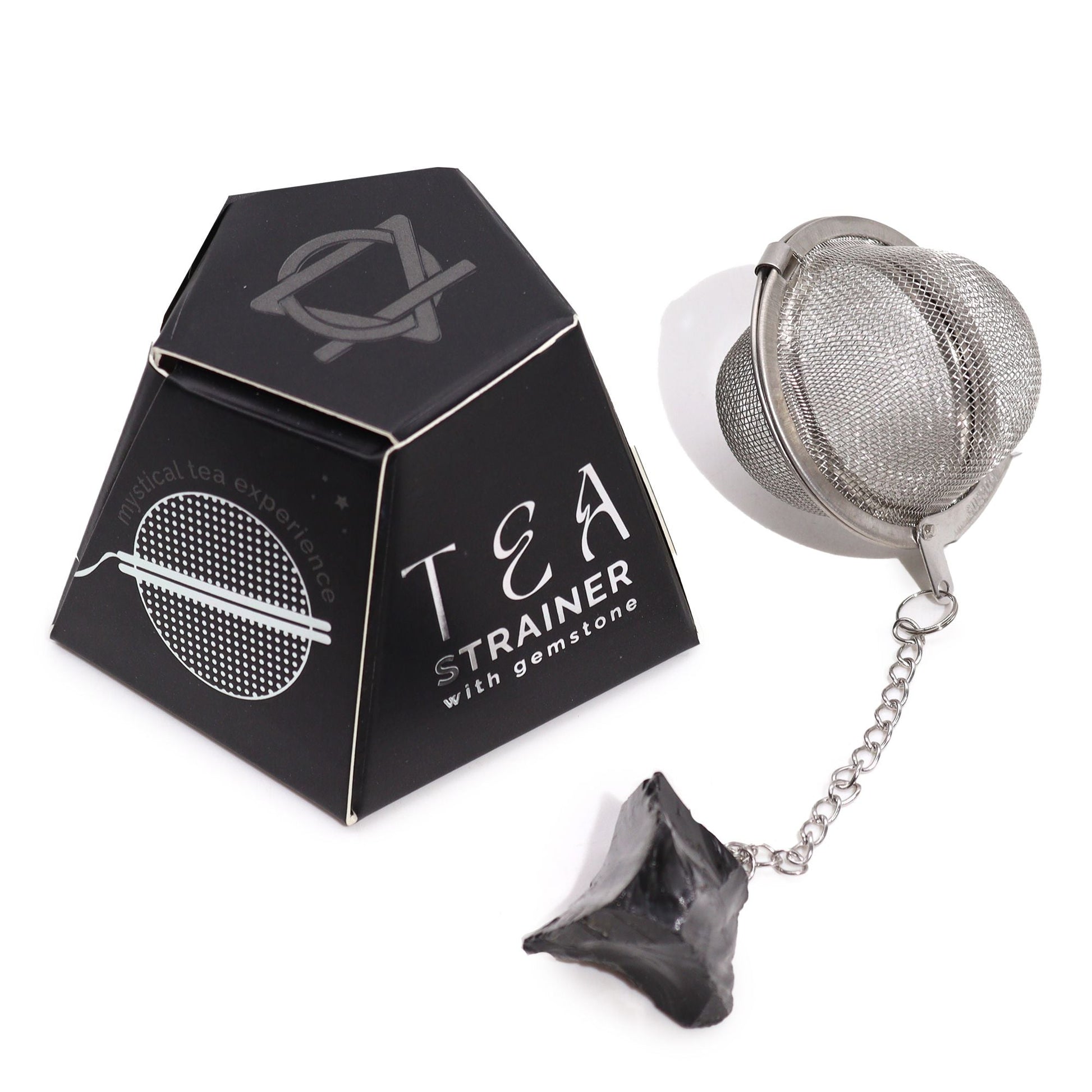 Alt Tag: Black Obsidian Crystal Tea Strainer – 7.5x5 CM metal mesh tea infuser ball with chain and black obsidian crystal charm, gift box