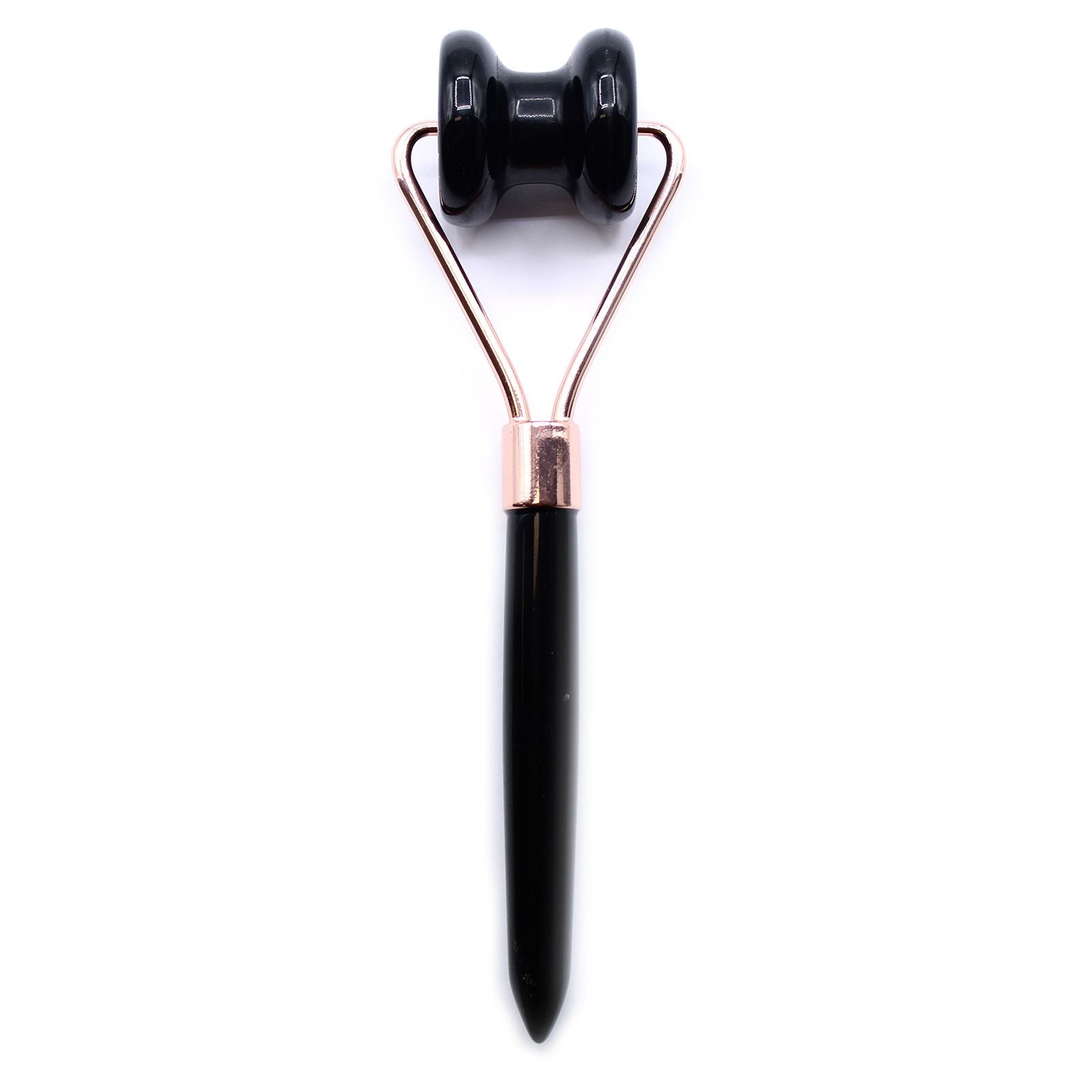 Black Obsidian Gemstone Face Roller – 15 CM con rodillo doble negro y mango metálico sobre fondo blanco