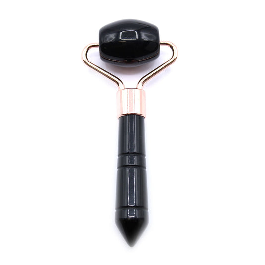 Black Obsidian Gemstone Face Roller – 9CM Mini compact facial roller with genuine black obsidian stone and rose gold handle