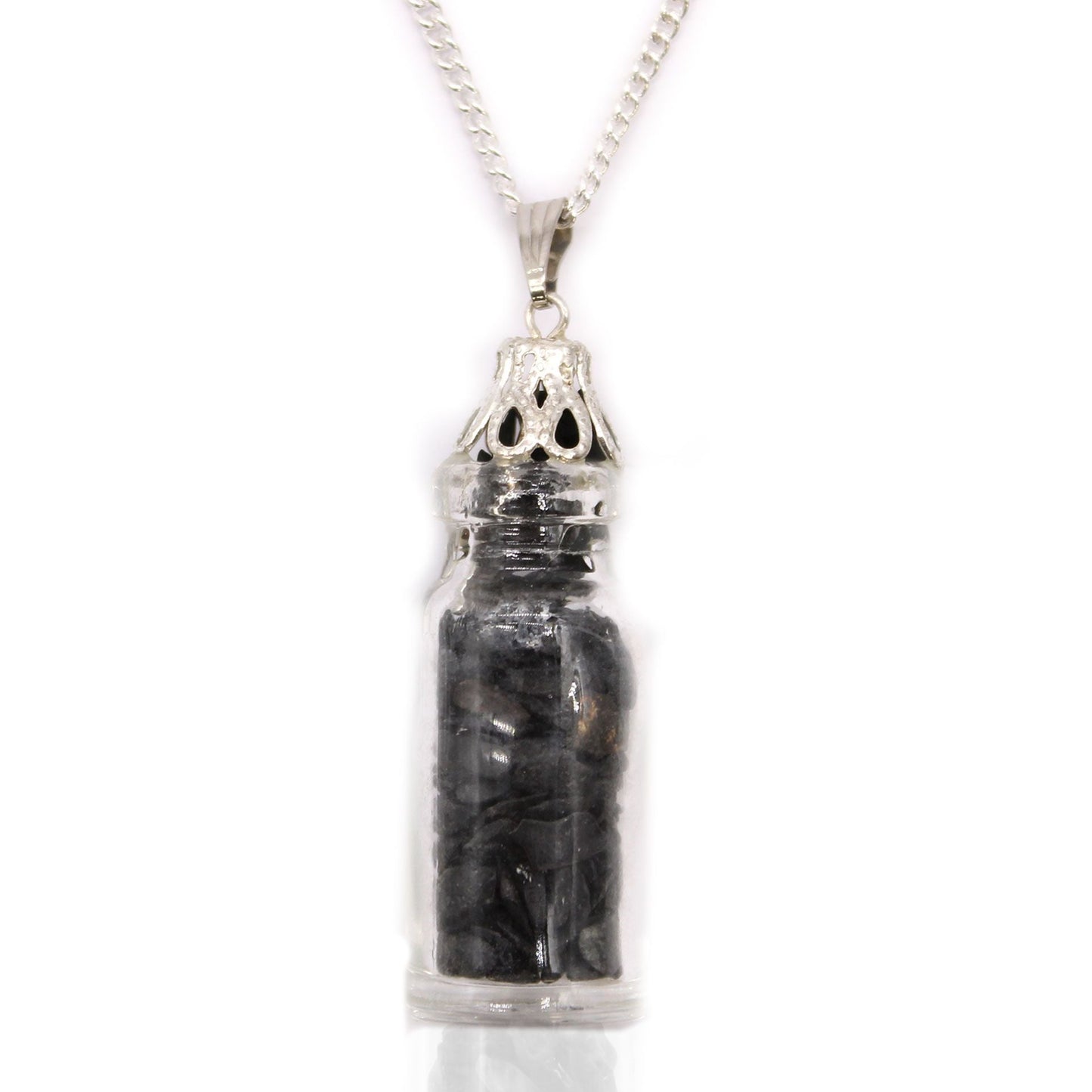 Alt-Tag: Halskette mit Edelstein Schwarzer Onyx – Silberanhänger mit Glasfläschchen-Anhänger und versilberter Kappe, Schwarzer-Onyx-Steine an der Kette