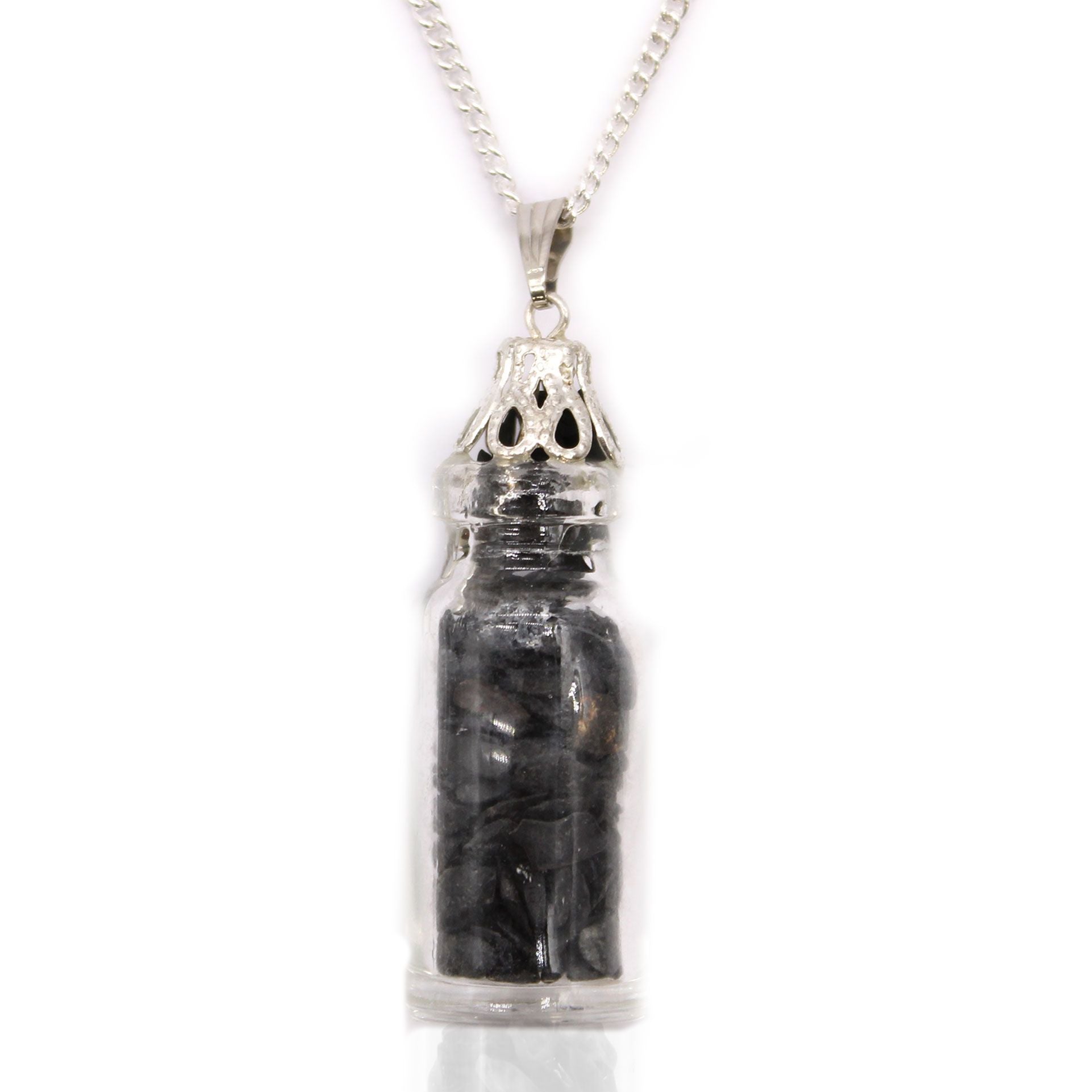 Alt-Tag: Halskette mit Edelstein Schwarzer Onyx – Silberanhänger mit Glasfläschchen-Anhänger und versilberter Kappe, Schwarzer-Onyx-Steine an der Kette