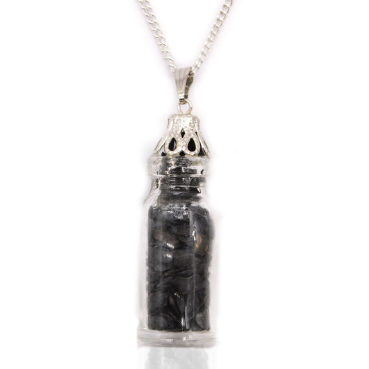 Alt Tag: Black Onyx Gemstone Necklace – Silver Charm with glass vial pendant and silver-plated cap, black onyx stones on chain