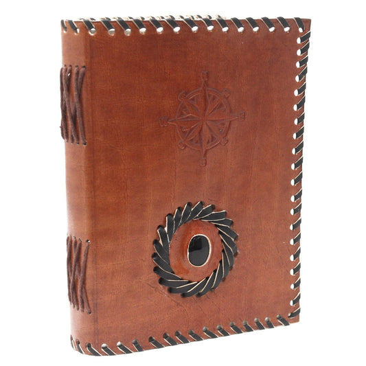 Black Onyx Leather Notebook – 17x12 CM, brown leather journal with hand-stitched edges and gemstone inlay on cover