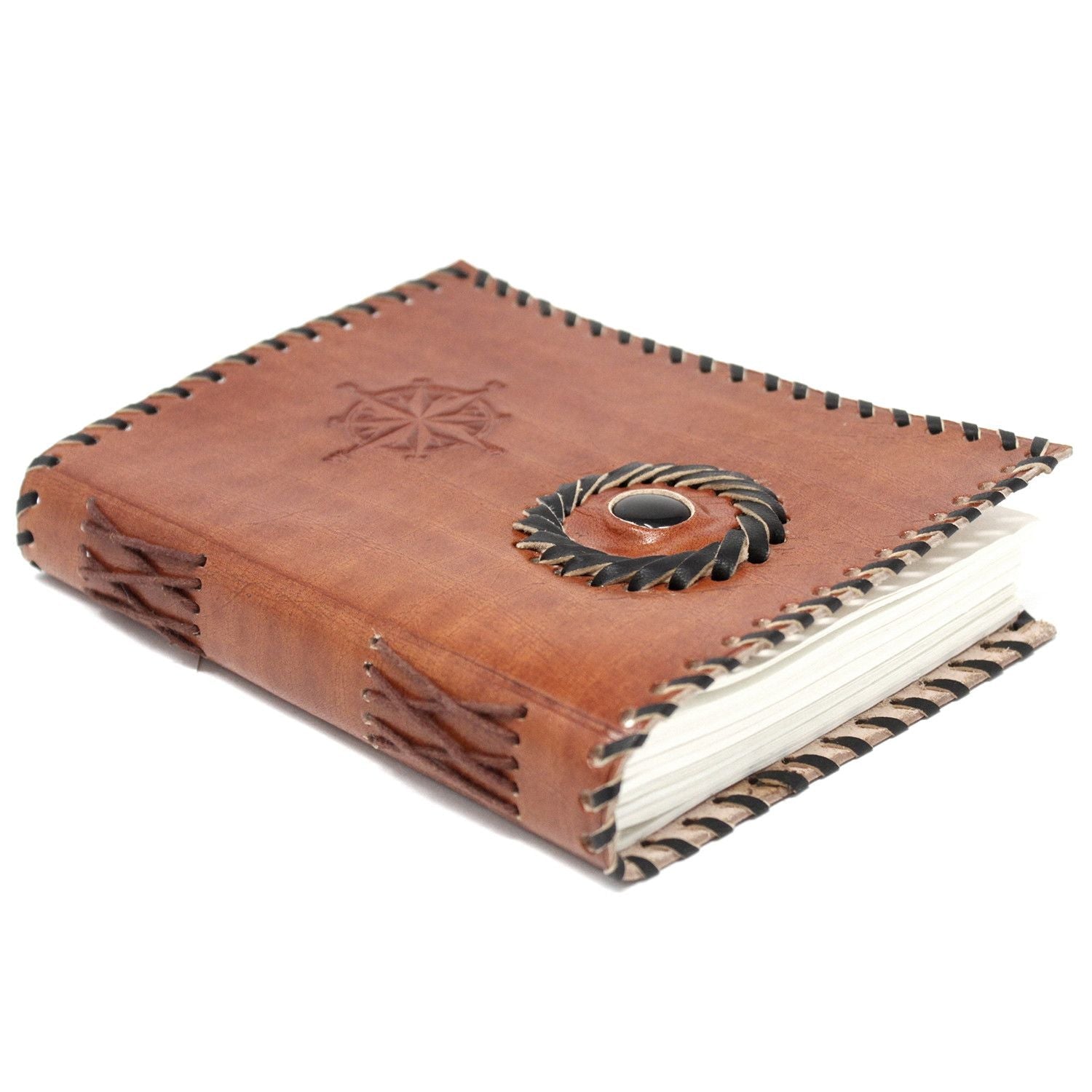 Alt Tag: Black Onyx Leather Notebook – 17x12 CM leather journal with stitched edges, embossed cover and gemstone-style clasp, closed view
