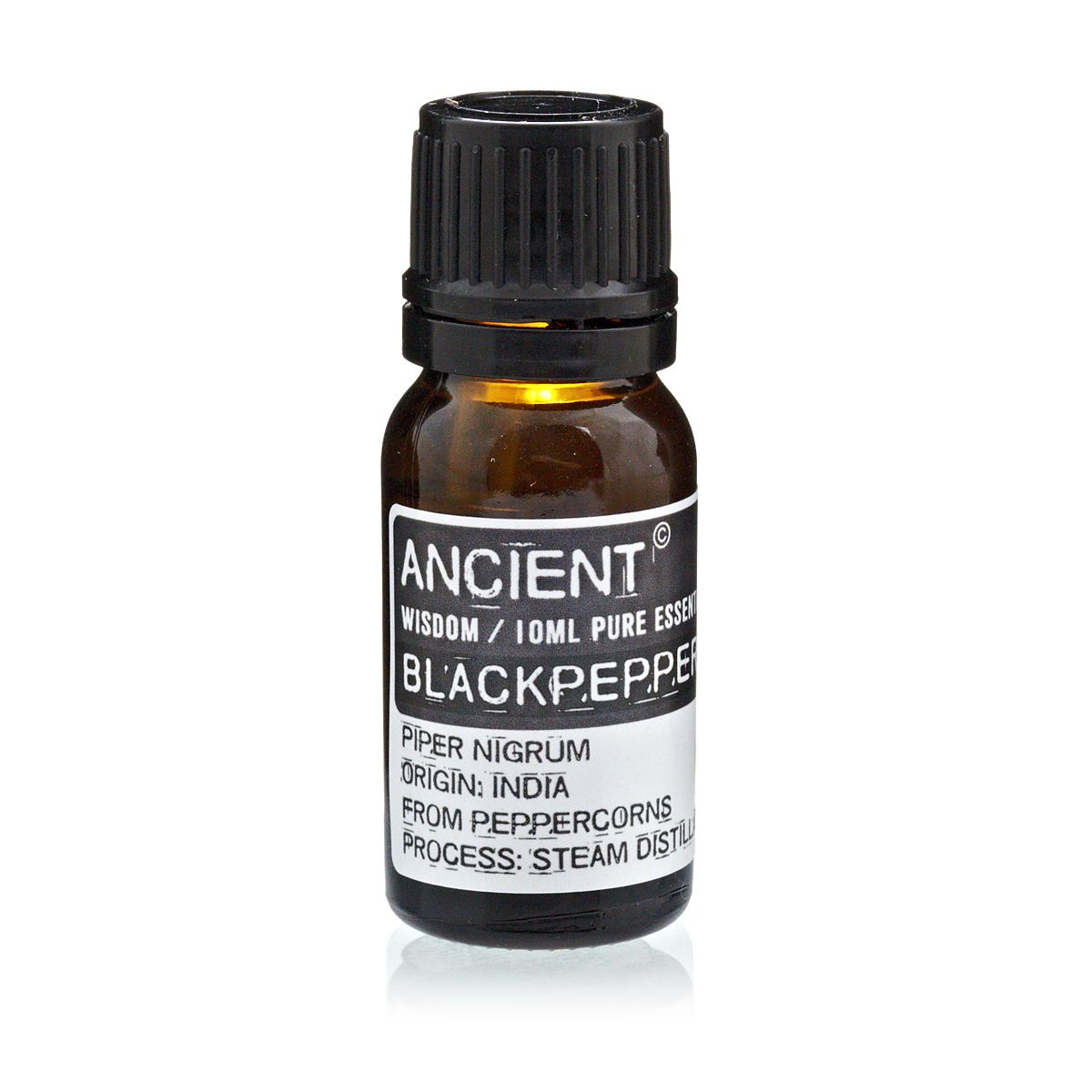 Ätherisches Schwarzer-Pfeffer-Öl – 10ML bernsteinfarbene Glasflasche mit schwarzem Verschluss, Ancient Wisdom Etikett, Piper nigrum, dampfdestilliert, Indien