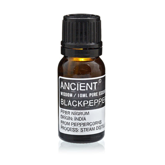 Ätherisches Schwarzer-Pfeffer-Öl – 10ML bernsteinfarbene Glasflasche mit schwarzem Verschluss, Ancient Wisdom Etikett, Piper nigrum, dampfdestilliert, Indien