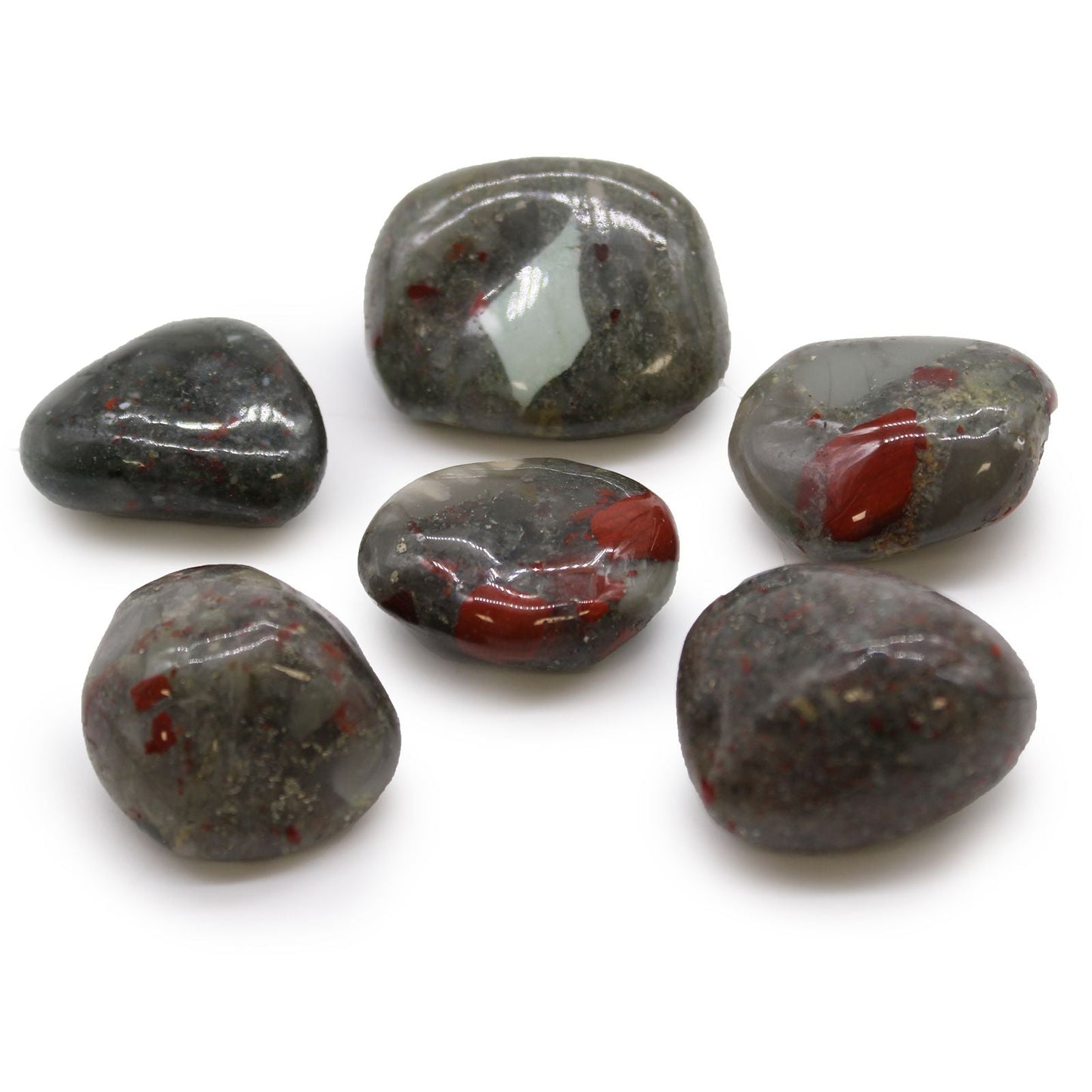 Gemstone Tumble Stones – Bloodstone Edition polished bloodstone tumble stones from South Africa, deep green with red speckles