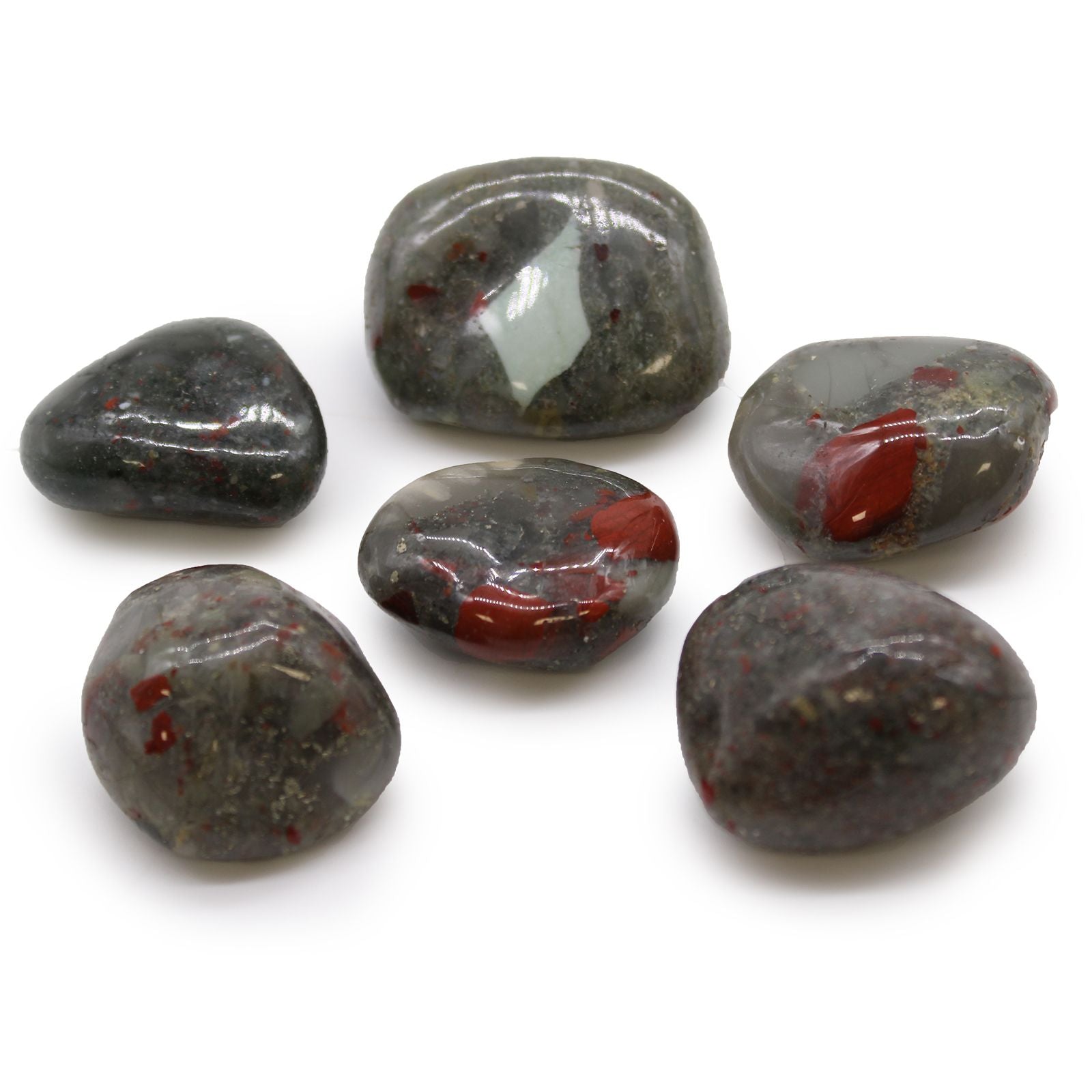 Gemstone Tumble Stones – Bloodstone Edition polished bloodstone tumble stones from South Africa, deep green with red speckles