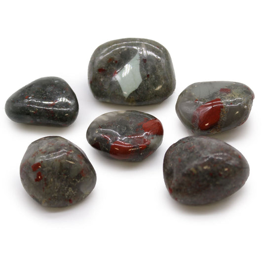 Gemstone Tumble Stones – Bloodstone Edition polished bloodstone tumble stones from South Africa, deep green with red speckles