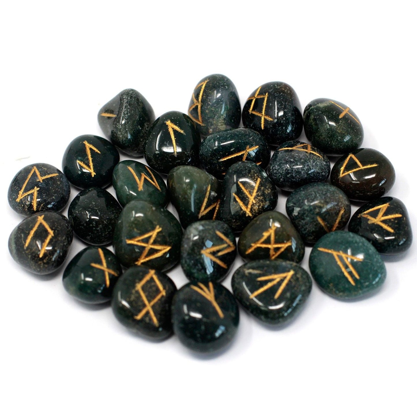Bloodstone Rune Stone Set – 25 Pieces with Pouch, engraved bloodstone rune stones with gold symbols on white background