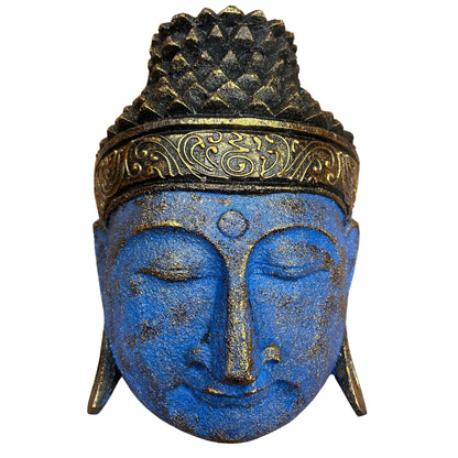 Alt Tag: Blått Buddha-huvud i albasia-trä – 25CM, blå och guldfärgad snidad Buddha-ansiktsväggdekoration handgjord i albasia-trä