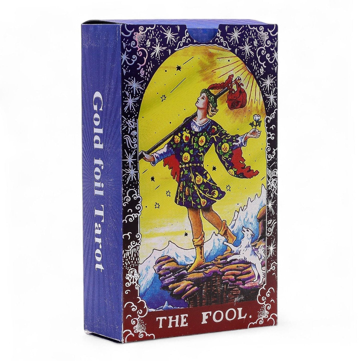 Blue Foil Tarot Card Set – Mandala (with Booklet) box featuring The Fool tarot card artwork on front and gold foil tarot text on spine