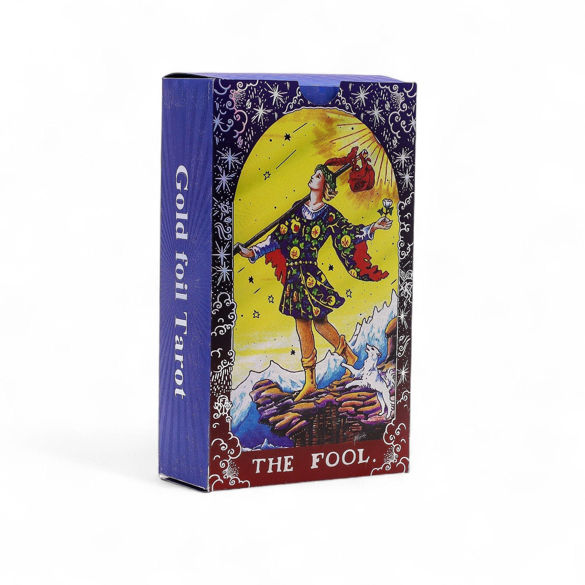 Blue Foil Tarot Card Set – Mandala (with Booklet) box showing The Fool tarot card artwork, deep blue design with foil accents