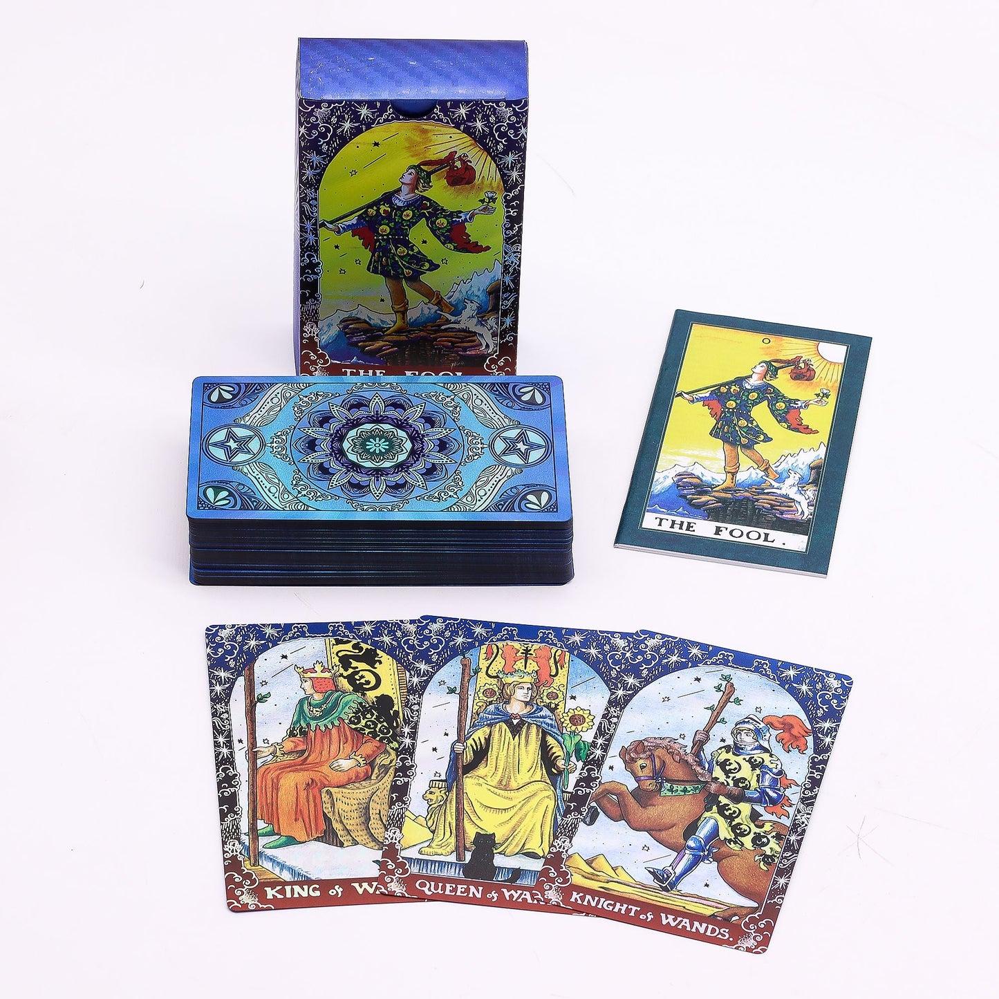 Blue Foil Tarot Card Set – Mandala (with Booklet) deck with blue mandala-backed cards, box, and The Fool, King, Queen, Knight of Wands