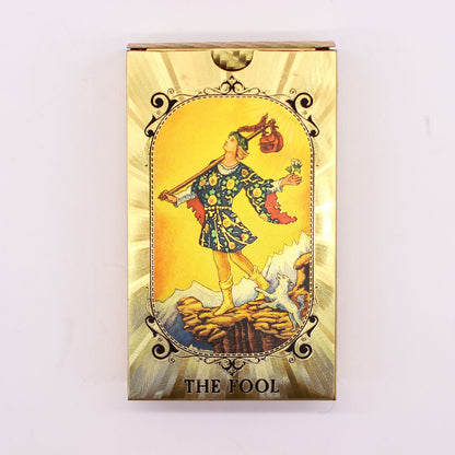 Blue & Gold Foil Tarot Card Set – All Seeing Eye (with Booklet), caja con ilustración de carta The Fool en dorado