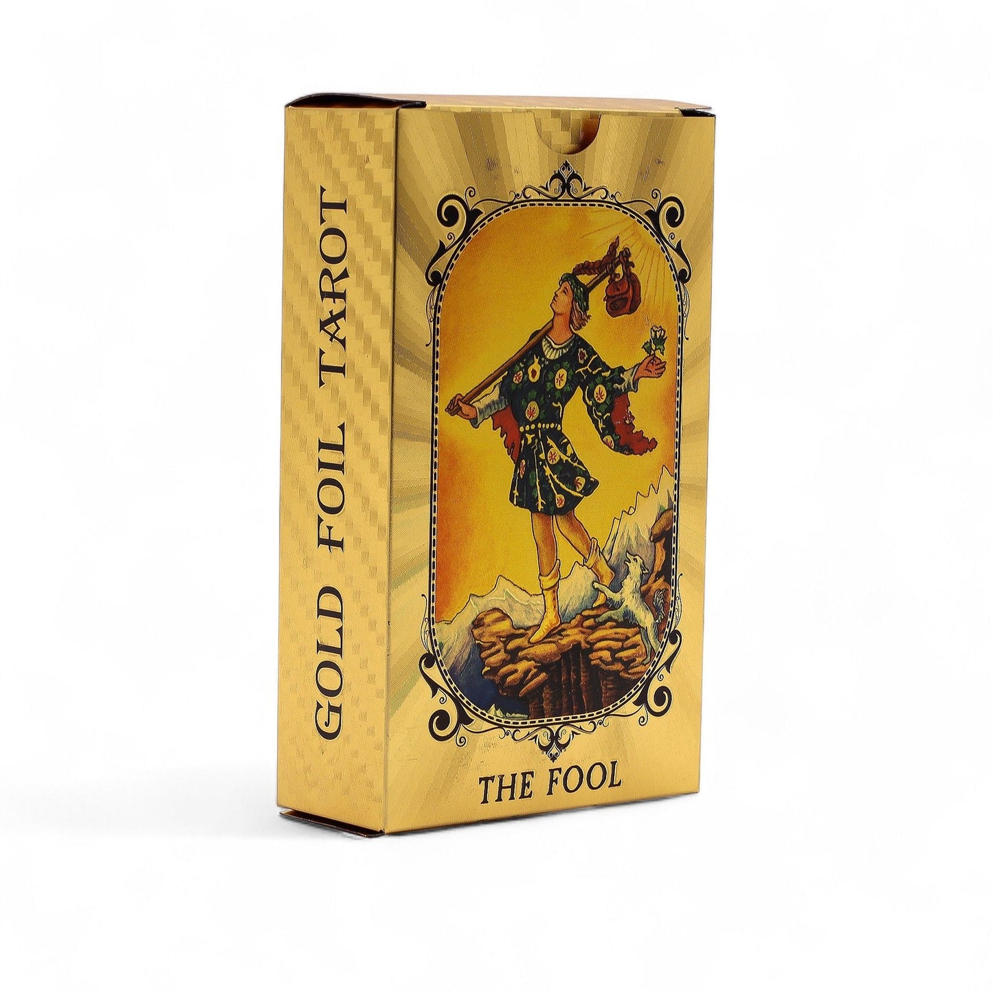 Alt Tag: Blue & Gold Foil Tarot Card Set – All Seeing Eye (with Booklet) gold foil tarot deck box showing The Fool card artwork