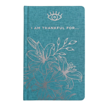Alt Tag: Blue Gratitude Journal with Silver Lining – 120 Pages – I Am Thankful For blue hardcover journal with "I AM THANKFUL FOR..." text