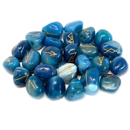 Blue Onyx Rune Stone Set – 11x9 CM, piedras rúnicas de ónix azul pulidas con grabados dorados, set de adivinación en bolsa de algodón