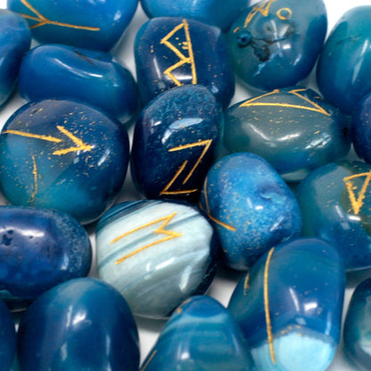 Alt Tag: Blue Onyx Rune Stone Set – 11x9 CM blue onyx rune stones with gold engraved runic symbols
