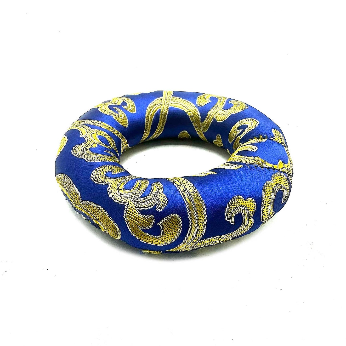 Blue Textile Hoop Cushion – 10CM (for 12–14CM Bowls), blue polyester singing bowl ring cushion with gold pattern for stable support