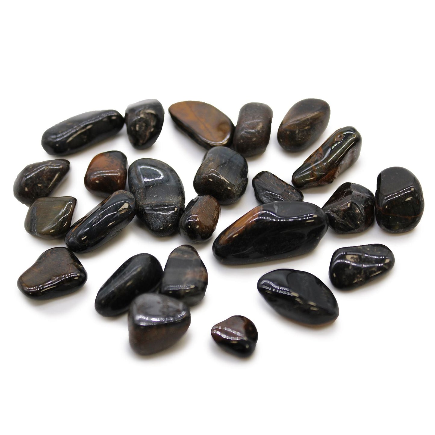 Blue Tiger's Eye Gemstone – 24 Small Tumbles, polished tumbled stones with deep blue-brown chatoyancy, assorted sizes on white background
