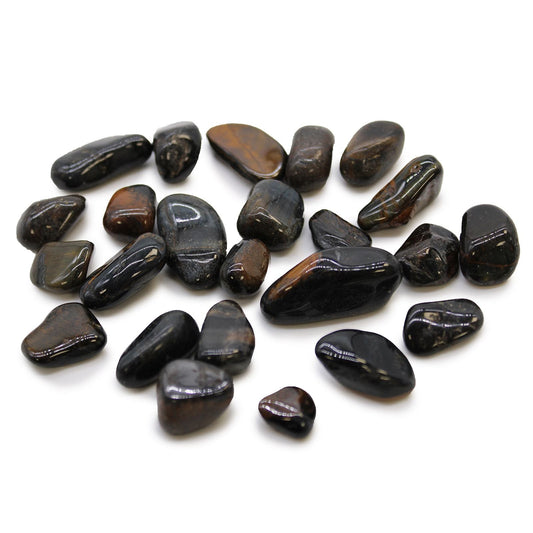 Blue Tiger's Eye Gemstone – 24 Small Tumbles, polished tumbled stones with deep blue-brown chatoyancy, assorted sizes on white background