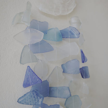 Alt Tag: Blue & White Recycled Glass Wind Chime – 15x60 CM with blue and white recycled glass pieces hanging on string