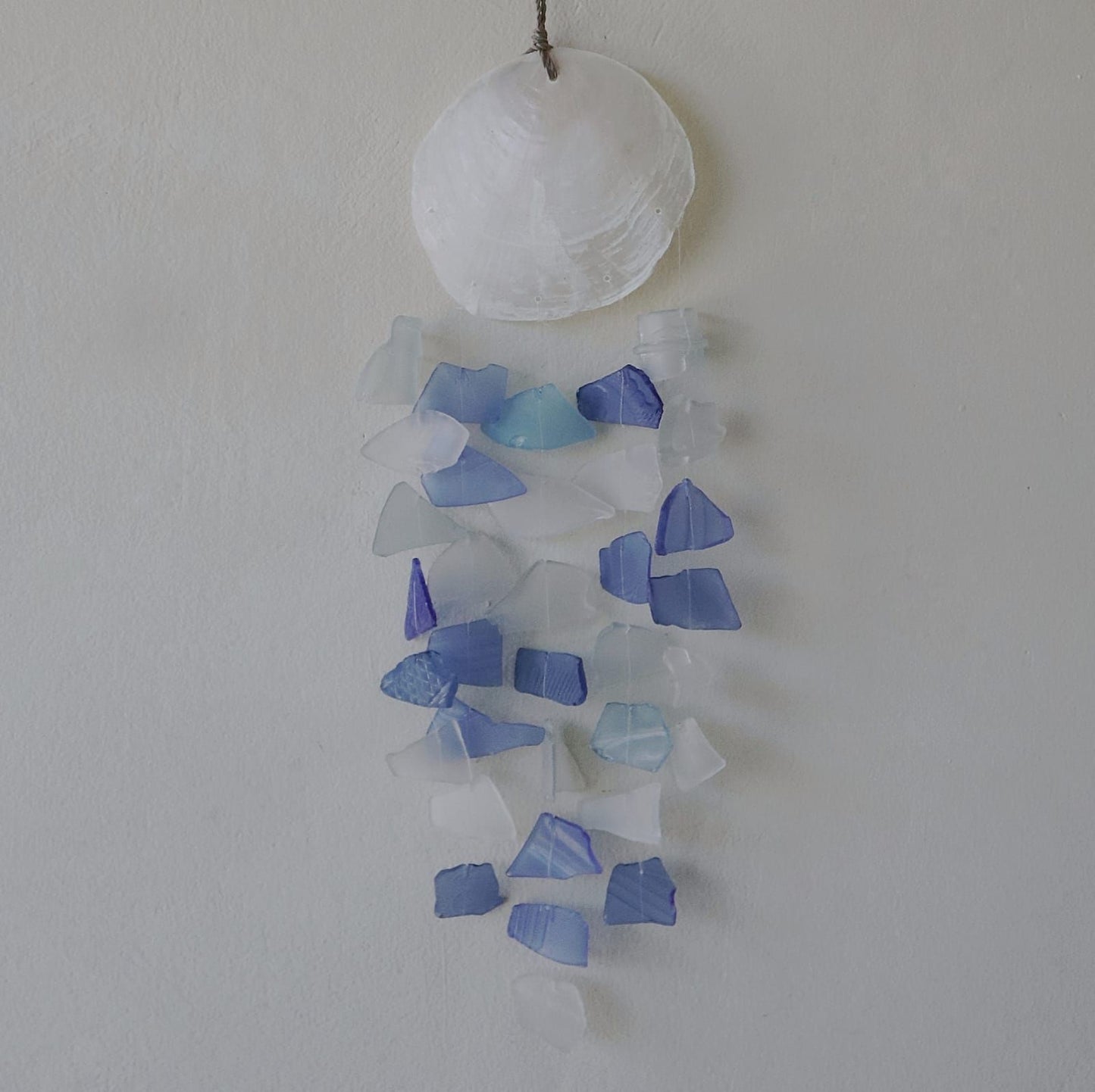 Alt Tag: Blue & White Recycled Glass Wind Chime – 15x60 CM with blue and white recycled glass pieces hanging decor