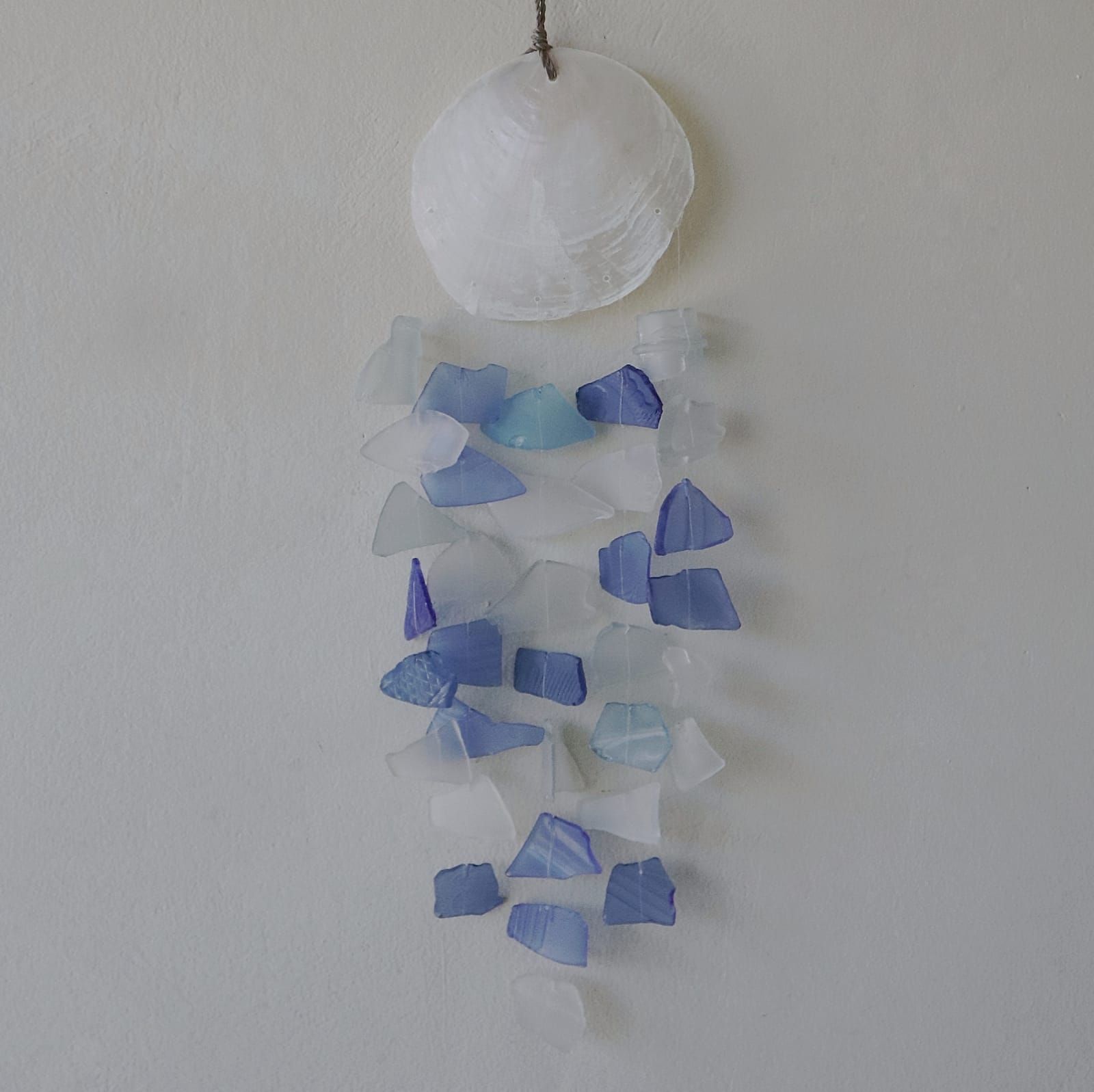 Alt Tag: Blue & White Recycled Glass Wind Chime – 15x60 CM with blue and white recycled glass pieces hanging decor