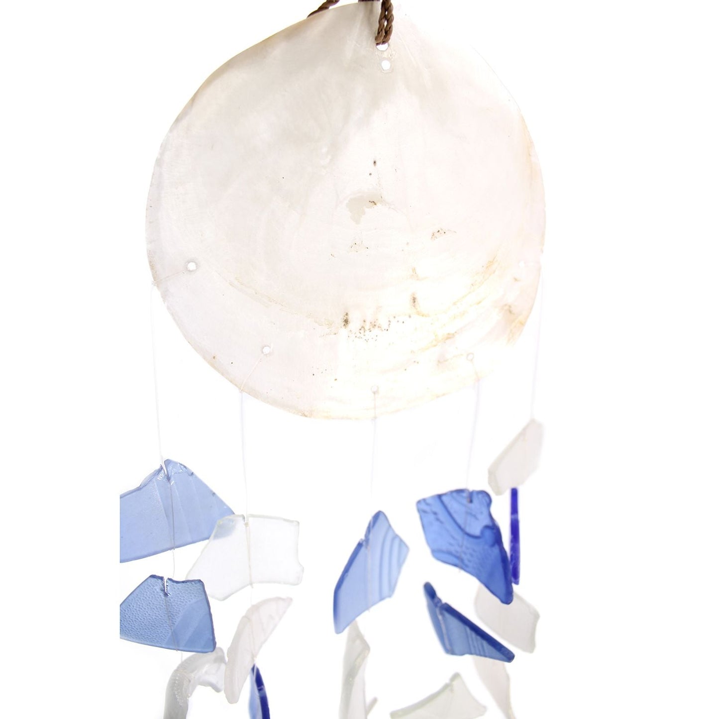 Blue & White Recycled Glass Wind Chime – 15x60 CM with blue and white recycled glass pieces hanging from driftwood