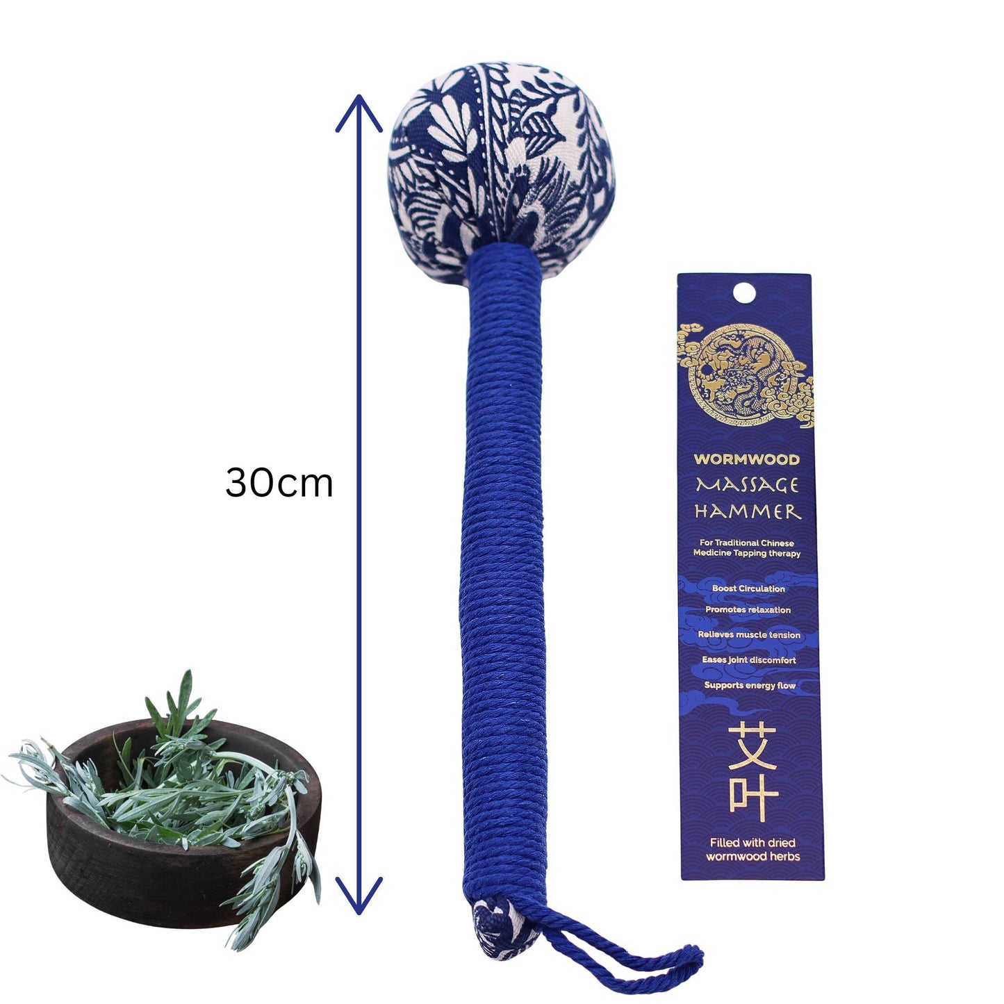 Martillo de masaje Blue Wormwood – Herramienta de madera, martillo de masaje de percusión de 30 cm con empuñadura azul, relleno de hierbas y etiqueta colgante
