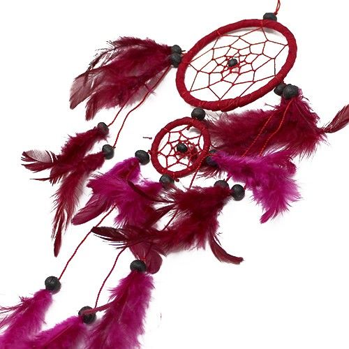 Boho Bali Dream Catcher – Medium Rund 30 CM, röd rund drömfångare med nät, svarta pärlor och fjädrar