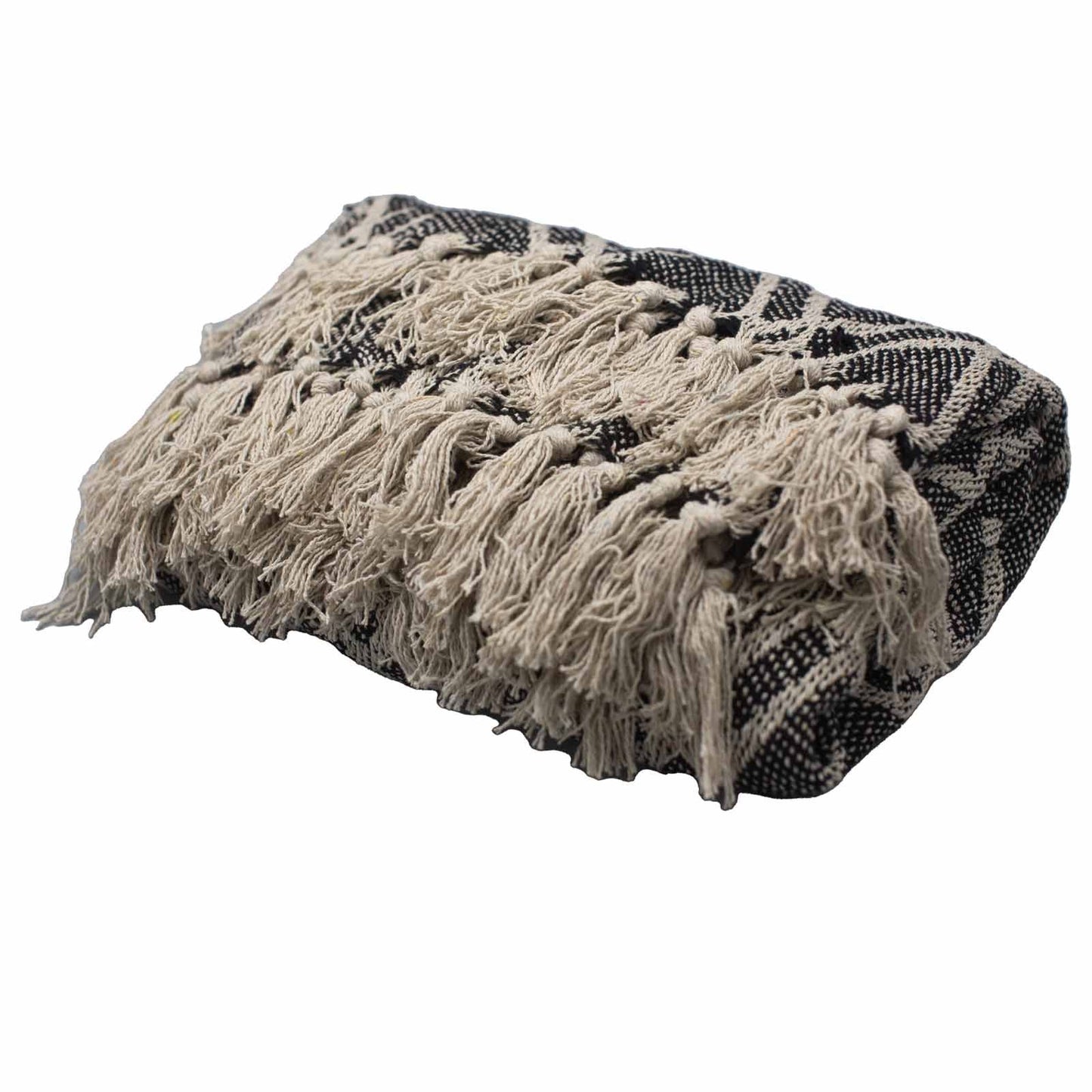 Alt Tag: Boho Comfort Throw – Black & Beige Regency handwoven cotton throw blanket folded with fringed tassels, black beige geometric pattern