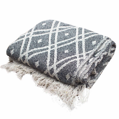 Alt Tag: Boho Comfort Throw – Black & Beige Regency handwoven cotton throw blanket with regency geometric pattern and fringed edges