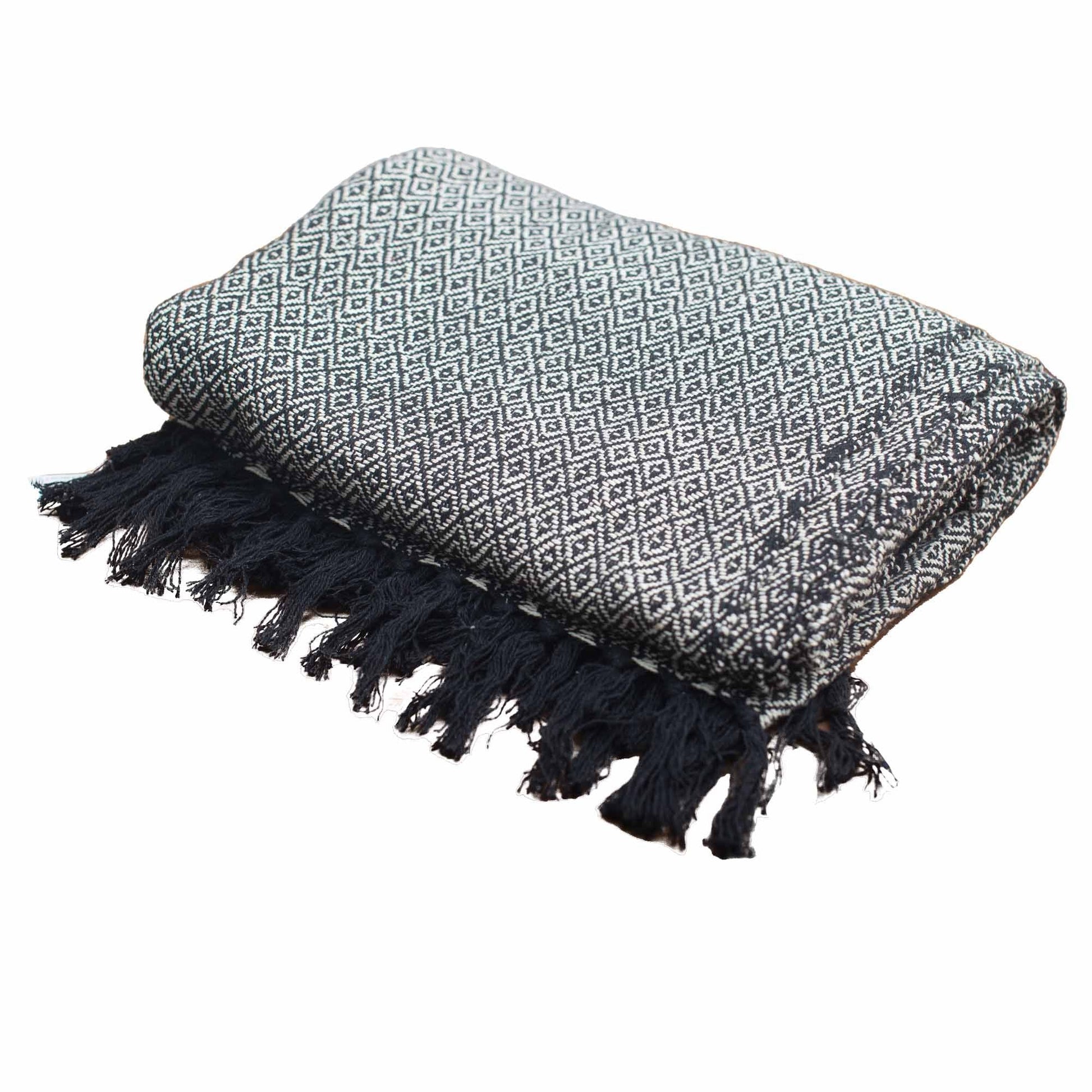 Alt-tagg: Boho Comfort Throw – kolgrå handvävd pläd i bomull i kolgrått med strukturerat mönster och fransade kanter, vikt