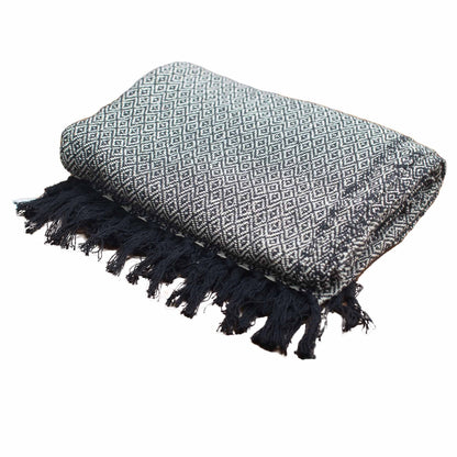 Alt-tagg: Boho Comfort Throw – kolgrå handvävd pläd i bomull i kolgrått med strukturerat mönster och fransade kanter, vikt