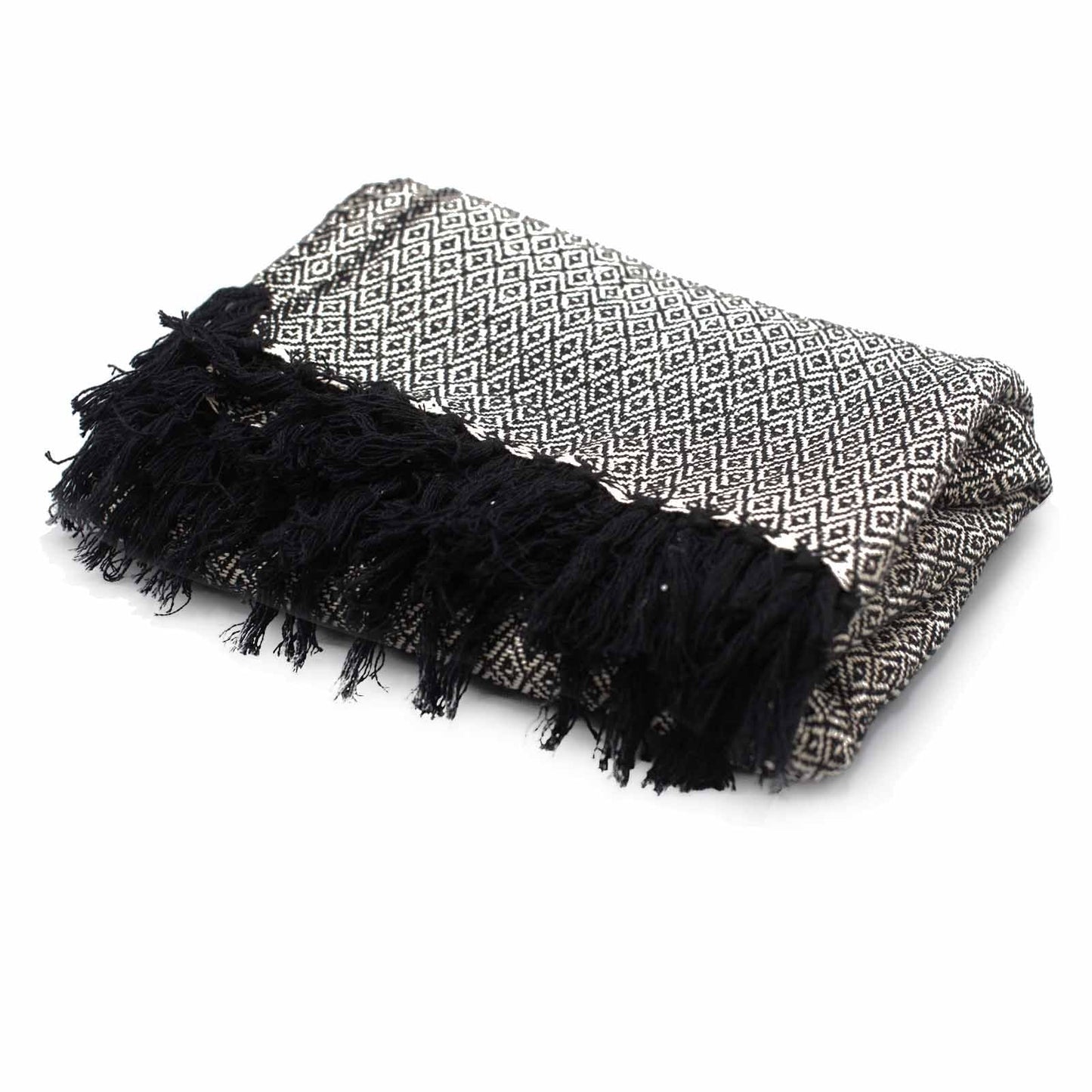 Alt Tag: Boho Comfort Throw – Handvävd pläd i bomull i kolgrått, vikt med bohotextur, geometriskt vävmönster och svarta fransade kanter