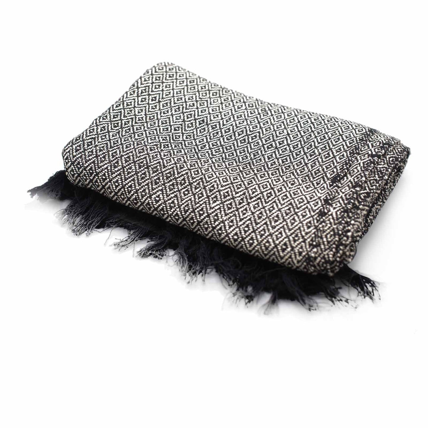 Boho Comfort-pläd – Kolgrå handvävd pläd i bomull med bohemisk strukturerad väv och fransade kanter, vikt