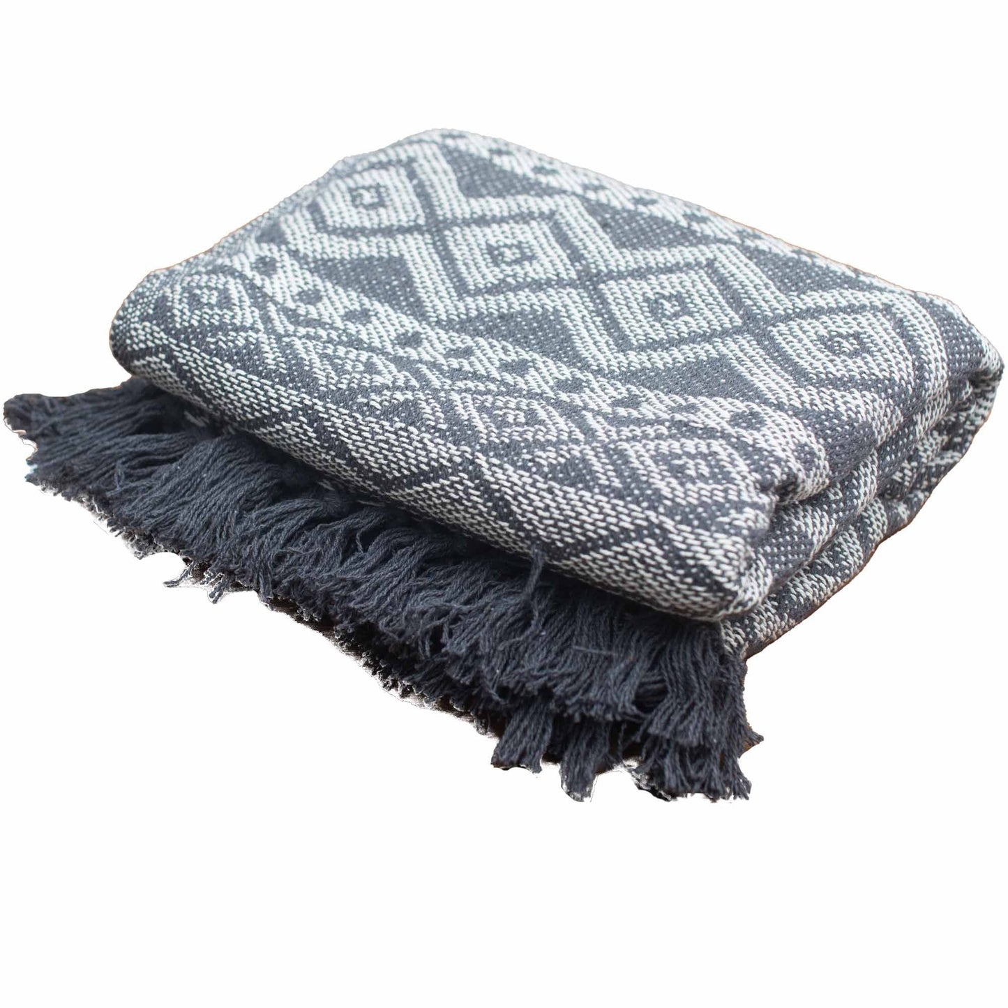 Boho Comfort Throw – Grey Geometric folded handwoven cotton throw blanket with grey geometric pattern and fringed edges