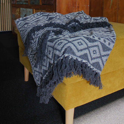 Alt Tag: Boho Comfort Throw – Grey Geometric handwoven cotton throw blanket with grey geometric pattern and fringe, draped on sofa