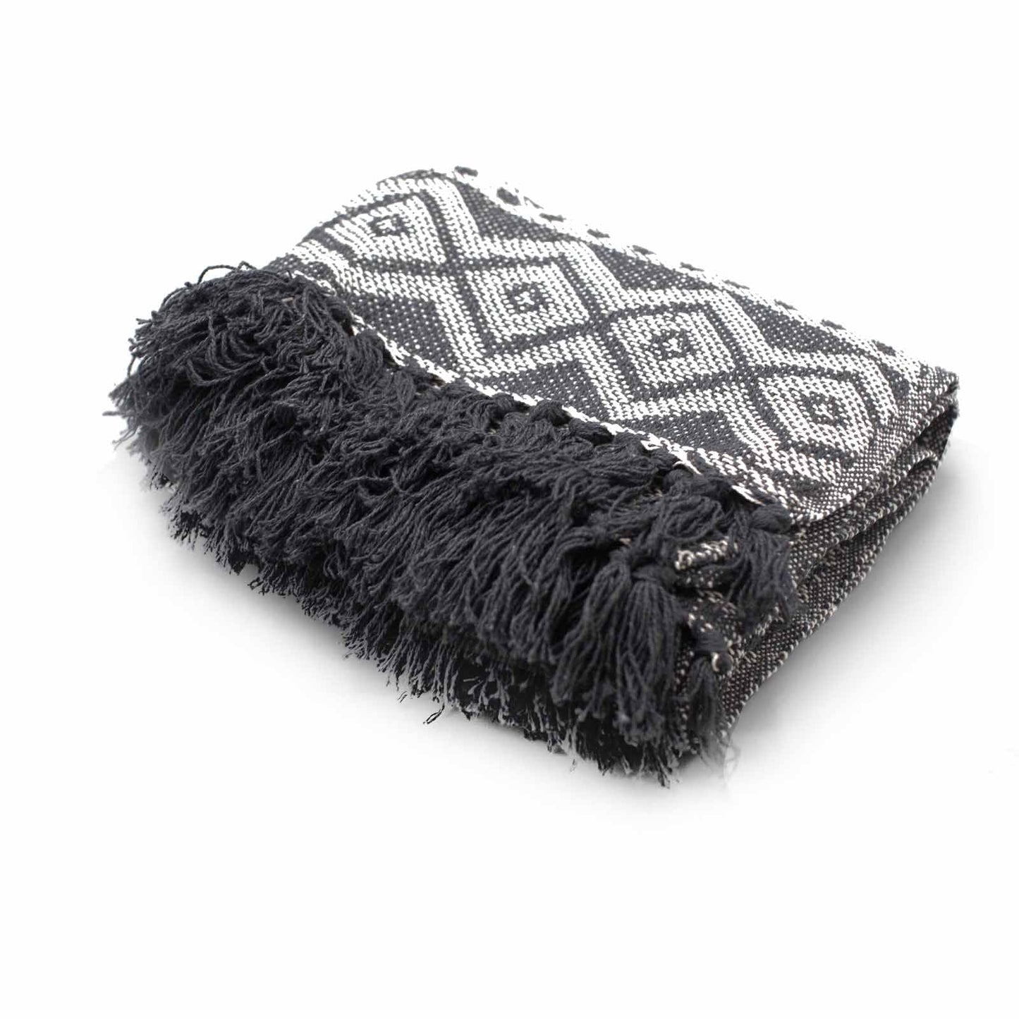 Boho Comfort Throw – Grey Geometric folded handwoven cotton throw blanket with grey geometric pattern and fringe